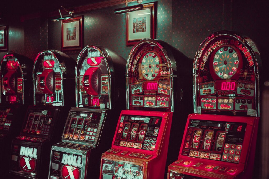 grey and red arcade machine 